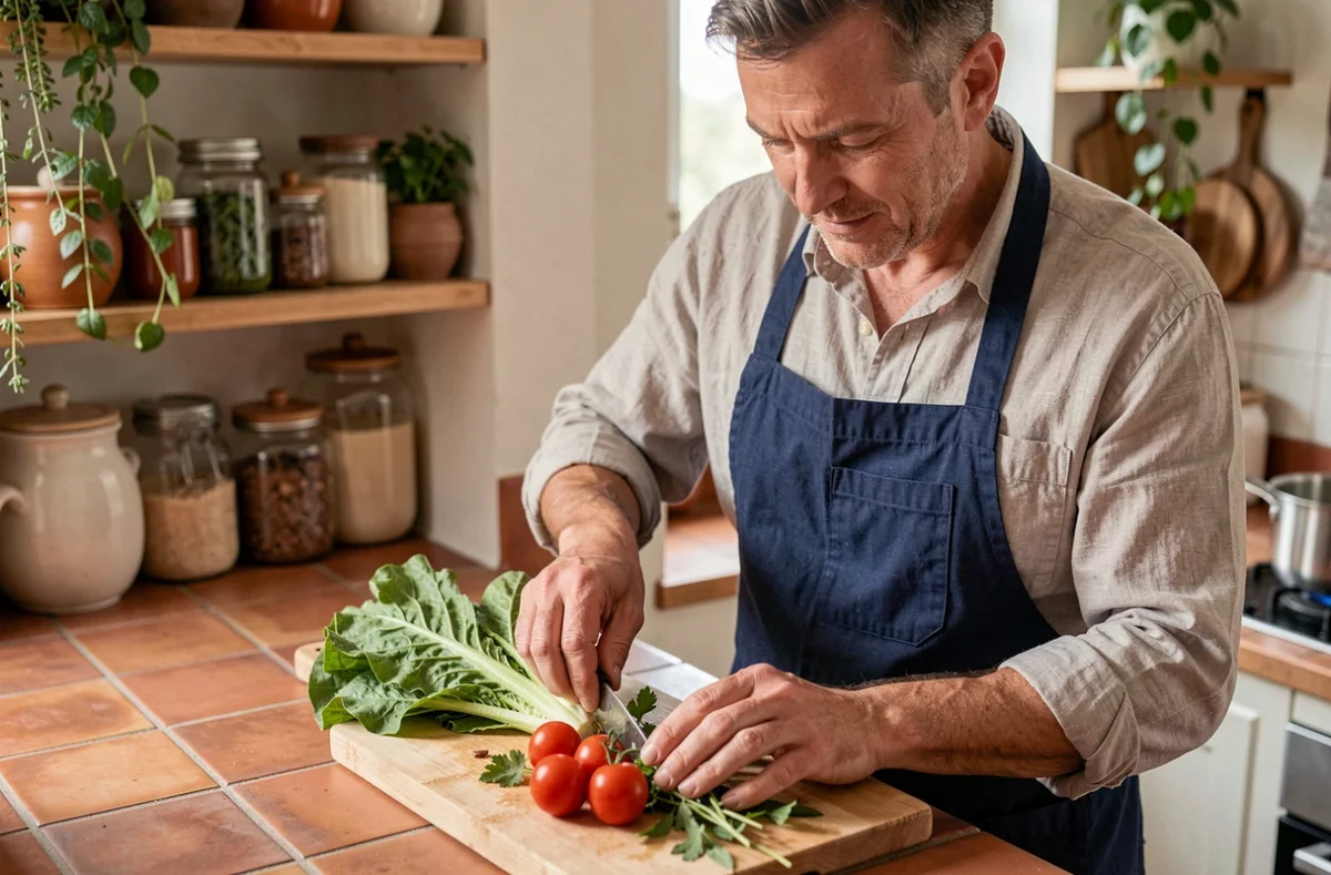 Homme cuisinant des légumes frais dans une cuisine domestique, illustrant une activité créative et quotidienne