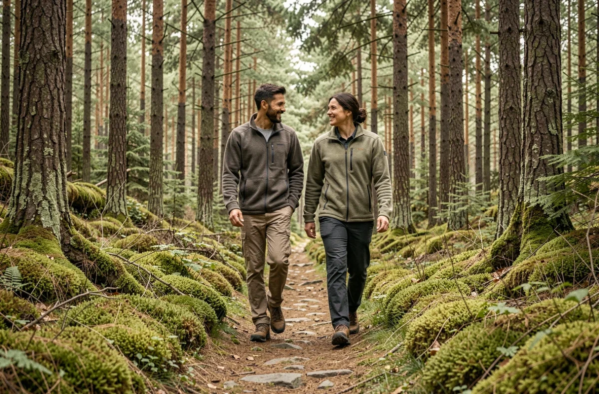 Deux adultes randonnant sur un sentier forestier entre sapins, illustrant une activité de plein air et de nature