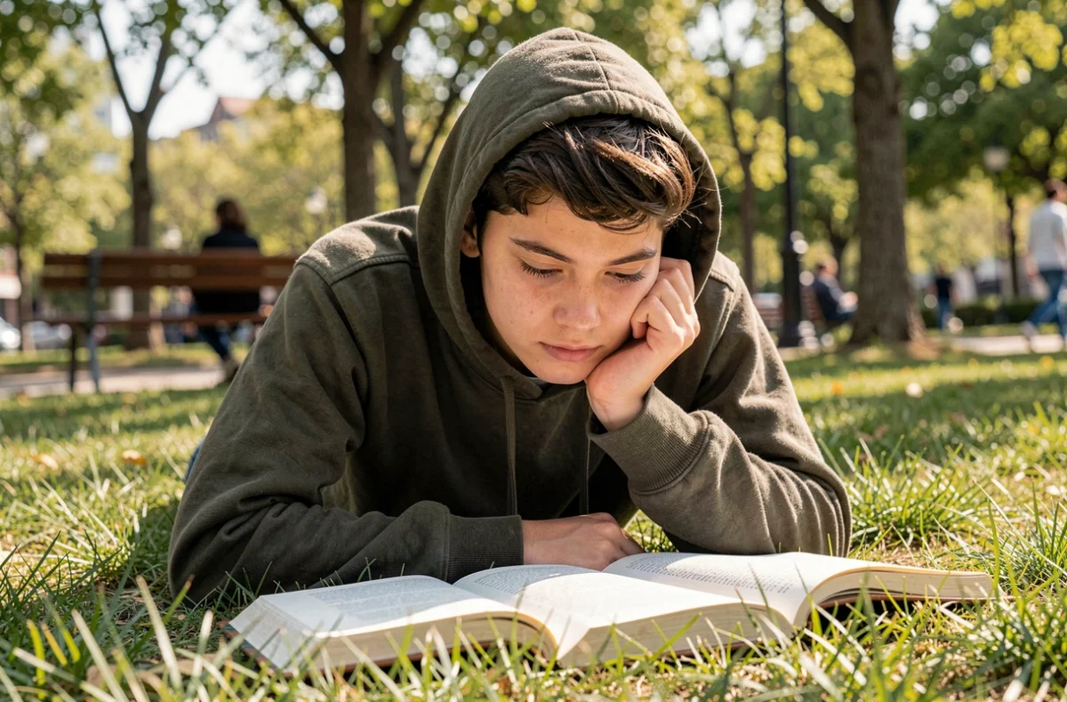 Adolescent lisant un roman en plein air dans un parc, évoquant le plaisir et l'engagement de la lecture