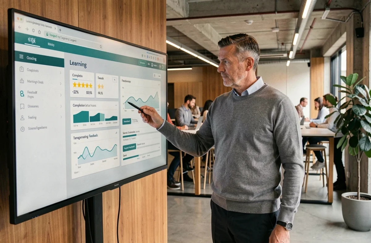 Formateur analysant les résultats d'une formation sur un tableau de bord numérique en open space