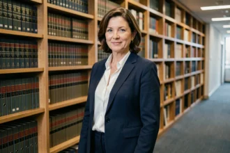 Avocate en blazer marine dans le couloir d'un cabinet juridique entouré de codes de loi