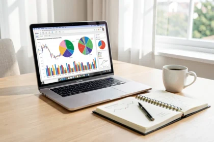 Bureau avec ordinateur affichant des graphiques marketing
