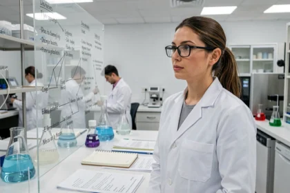 Chercheuse en laboratoire analysant des hypothèses scientifiques écrites sur un tableau transparent, illustrant le but de l'expérience