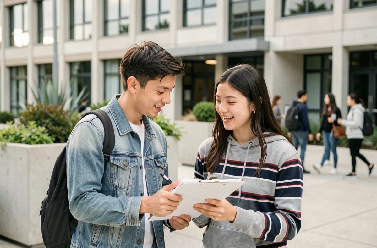 Deux étudiants universitaires discutant des résultats d'une expérience sur une terrasse de campus, illustrant la démarche scientifique expérimentale