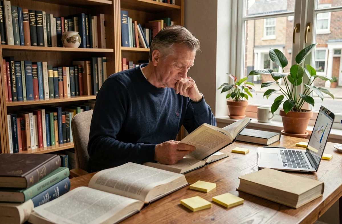 Homme assis à son bureau à domicile entouré de livres et de notes de recherche, réfléchissant au but d'une expérience scientifique