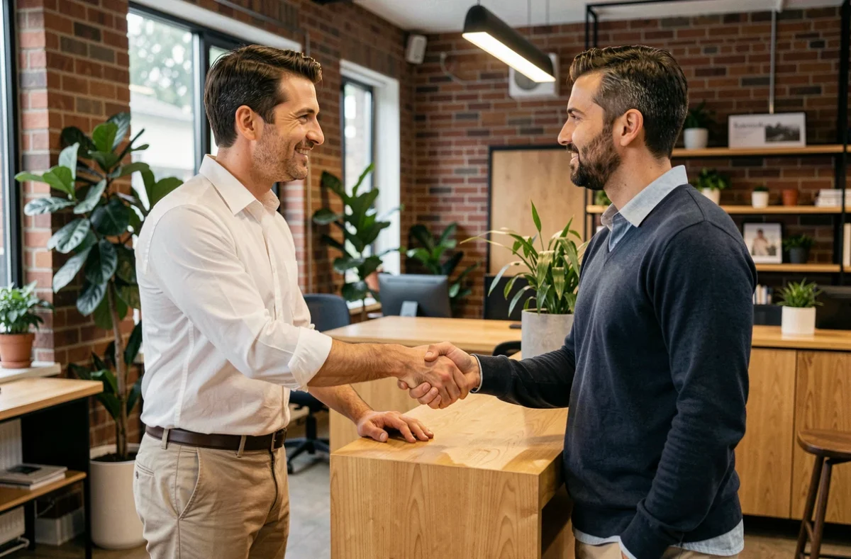 Candidat en tenue casual chic serrant la main d'un recruteur à l'accueil d'une startup lors d'un premier entretien
