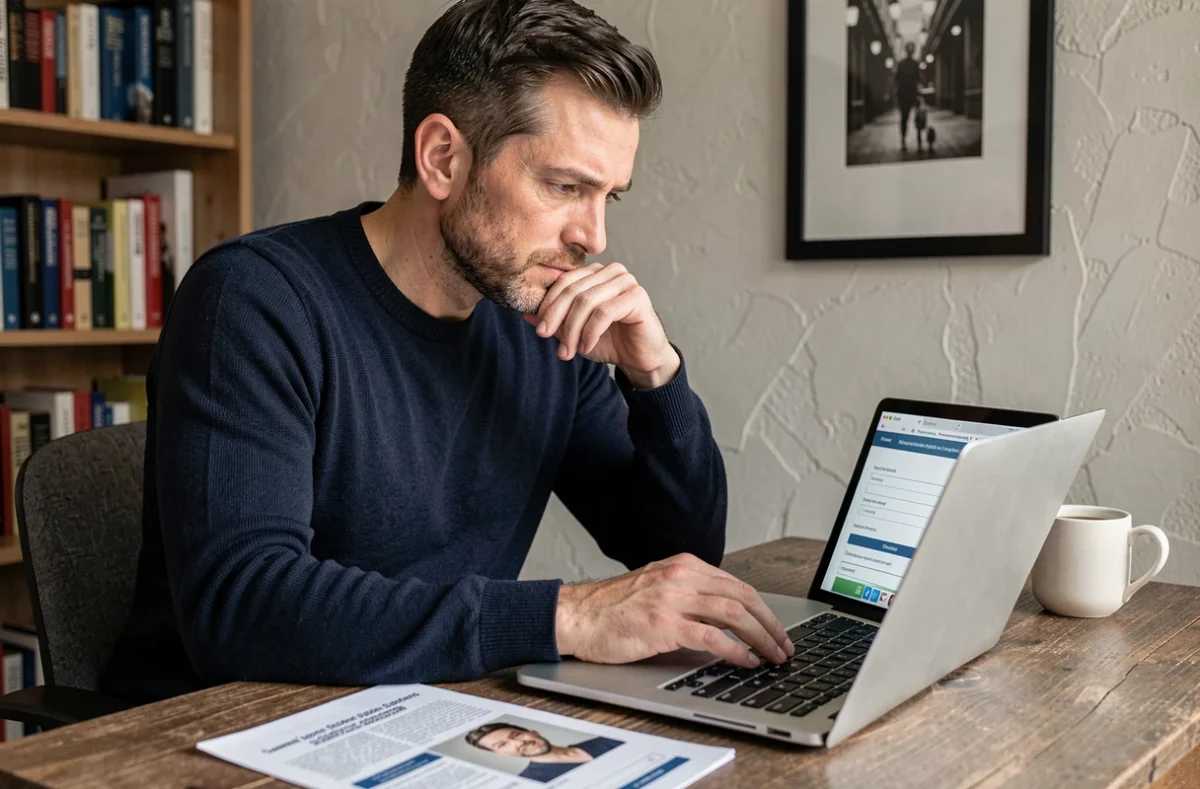 Homme qui remplit une candidature en ligne pour participer à une publicité TV depuis son bureau à domicile