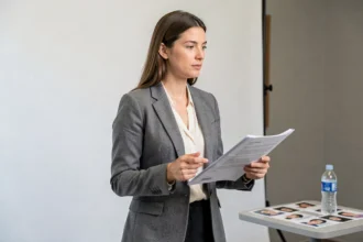 Femme qui répète son texte lors d'un casting pour une publicité télévisée dans un studio professionnel