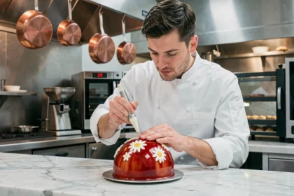 Chef pâtissier français décorant un dessert sculpté dans une cuisine professionnelle parisienne