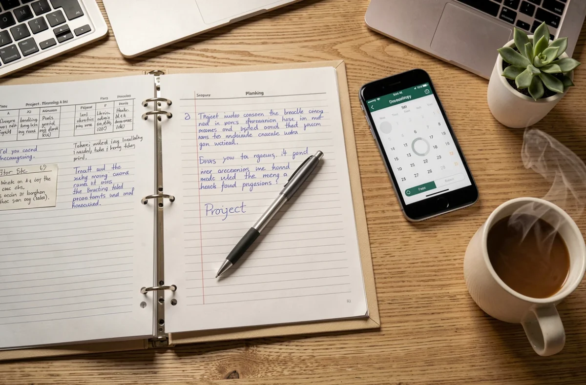 Vue aérienne d'un bureau avec un classeur de projet personnalisé ouvert, des notes manuscrites et un agenda numérique