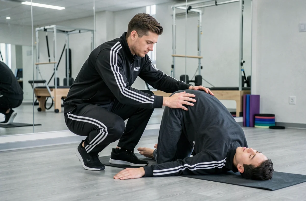 Coach sportif en cours d'évaluation pratique pour l'obtention du CQP dans un studio de fitness professionnel