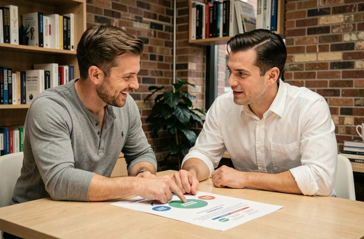 Deux collègues analysant un schéma des principes de communication stratégique au bureau