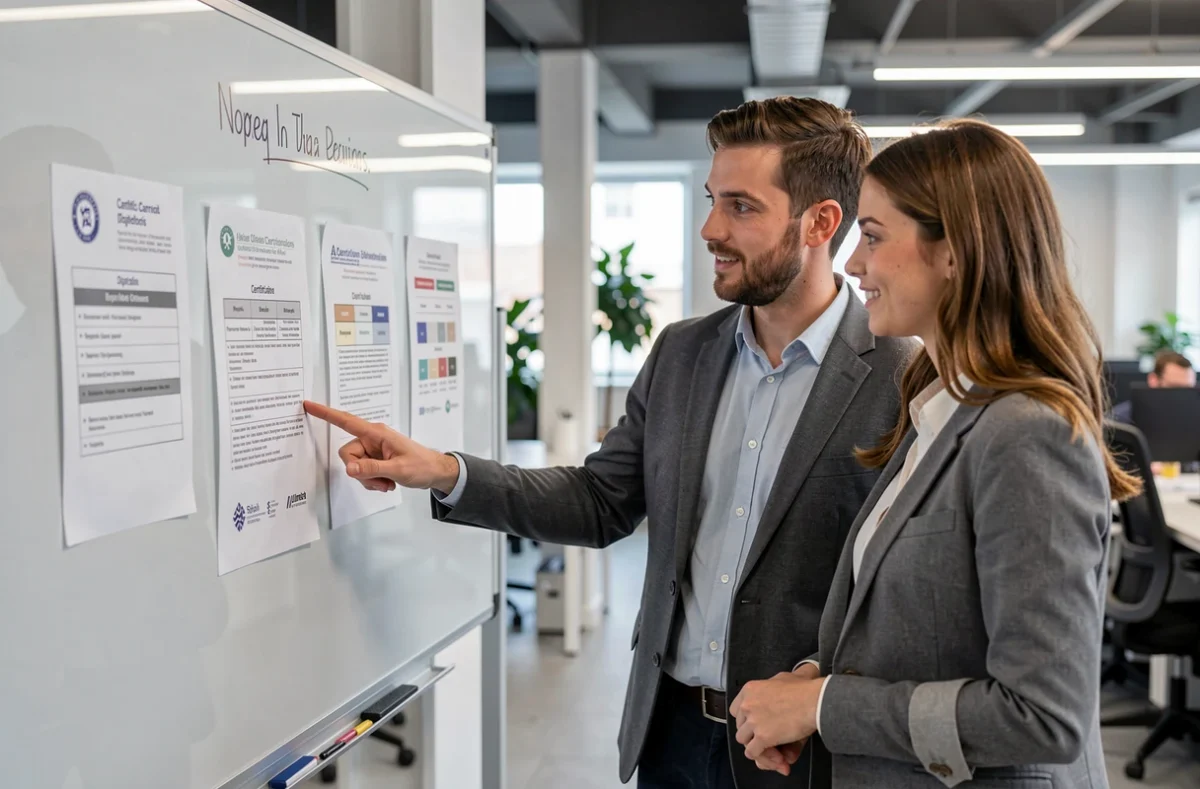 Deux collègues discutant des différences entre certifications et diplômes devant un tableau dans un espace de coworking