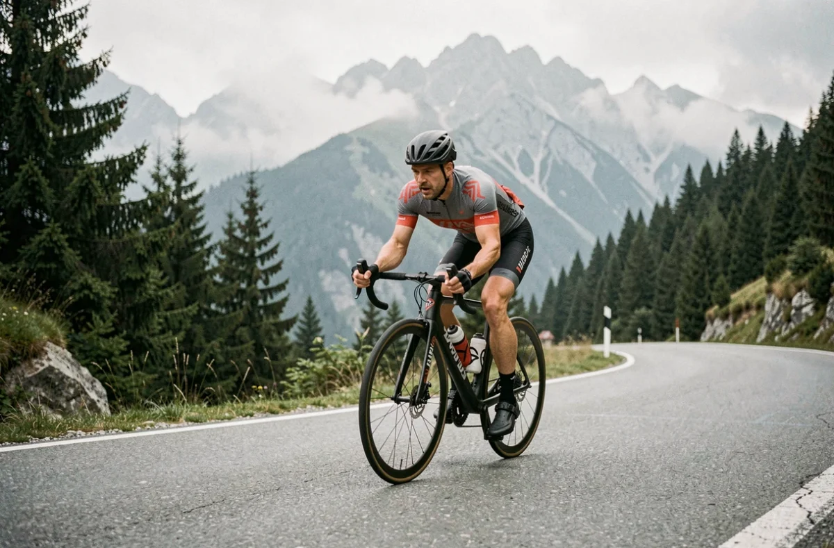 Cycliste masculin gravissant seul une route de montagne sinueuse, symbolisant l'effort solitaire des sports individuels