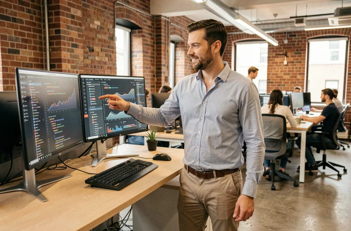 Développeur informatique dans un open space de startup travaillant sur des écrans de code, métier tech rémunéré 6000 euros par mois