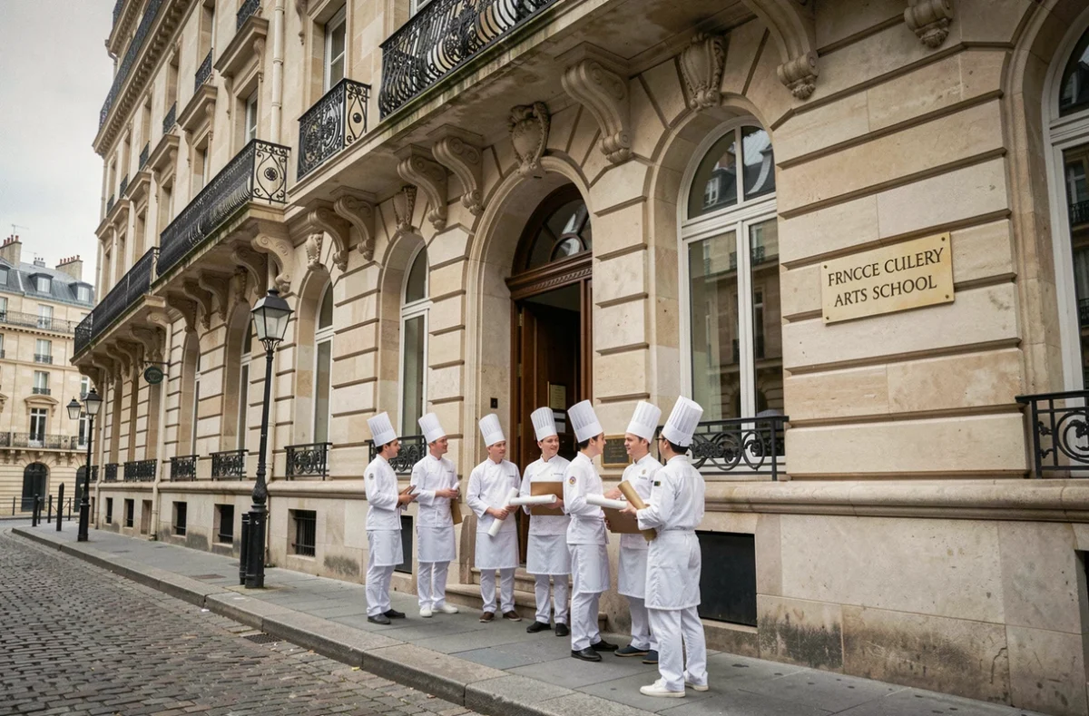 Facade d'une école de pâtisserie et arts culinaires parisienne avec des étudiants en uniforme blanc devant l'entrée