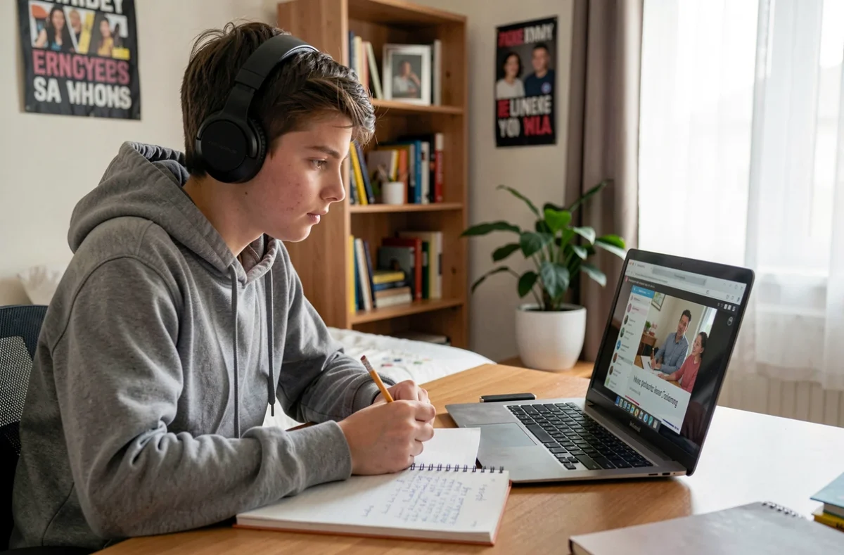 Adolescent étudiant en autonomie à la maison sur ordinateur portable dans le cadre d'une pédagogie de classe inversée