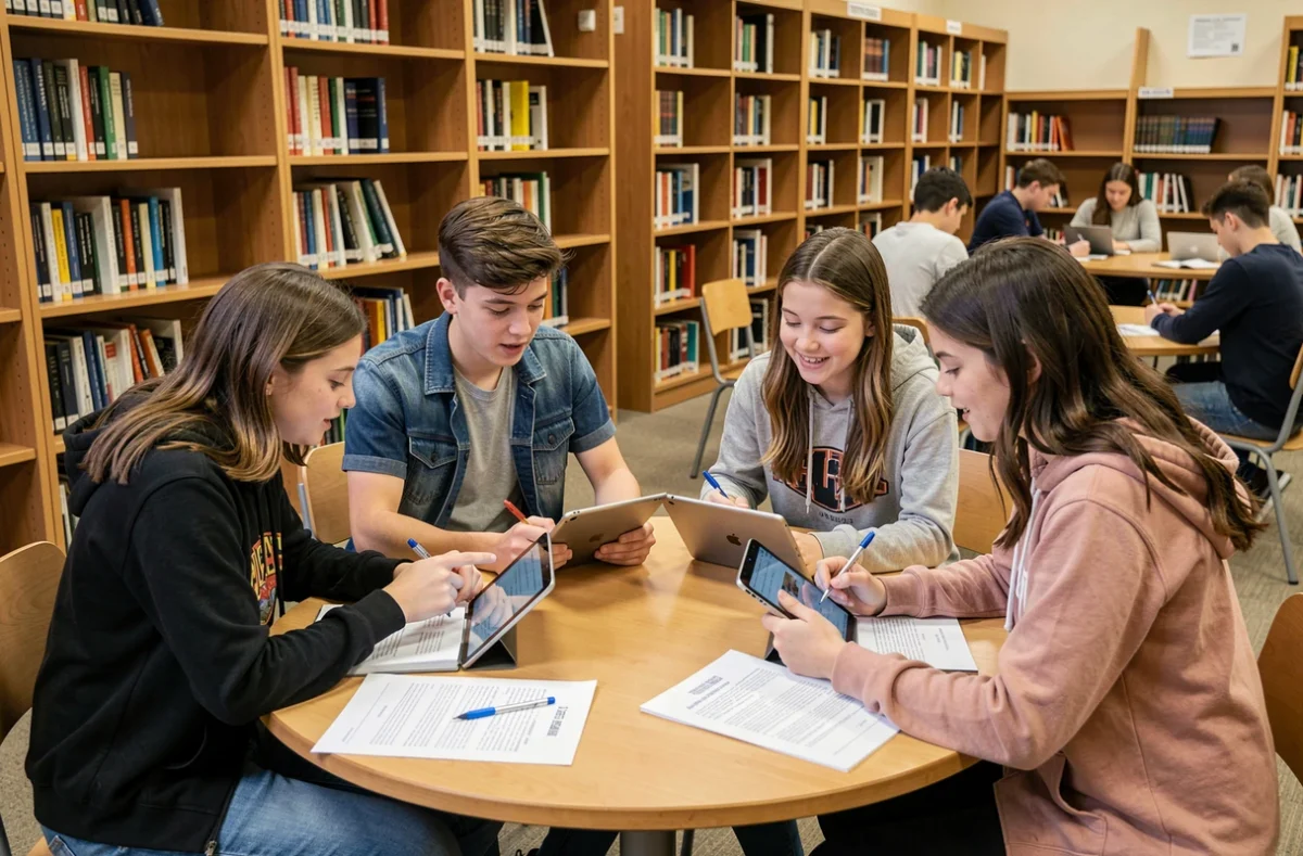 Groupe d'élèves collaborant sur des tablettes et des fiches en classe inversée dans une bibliothèque scolaire