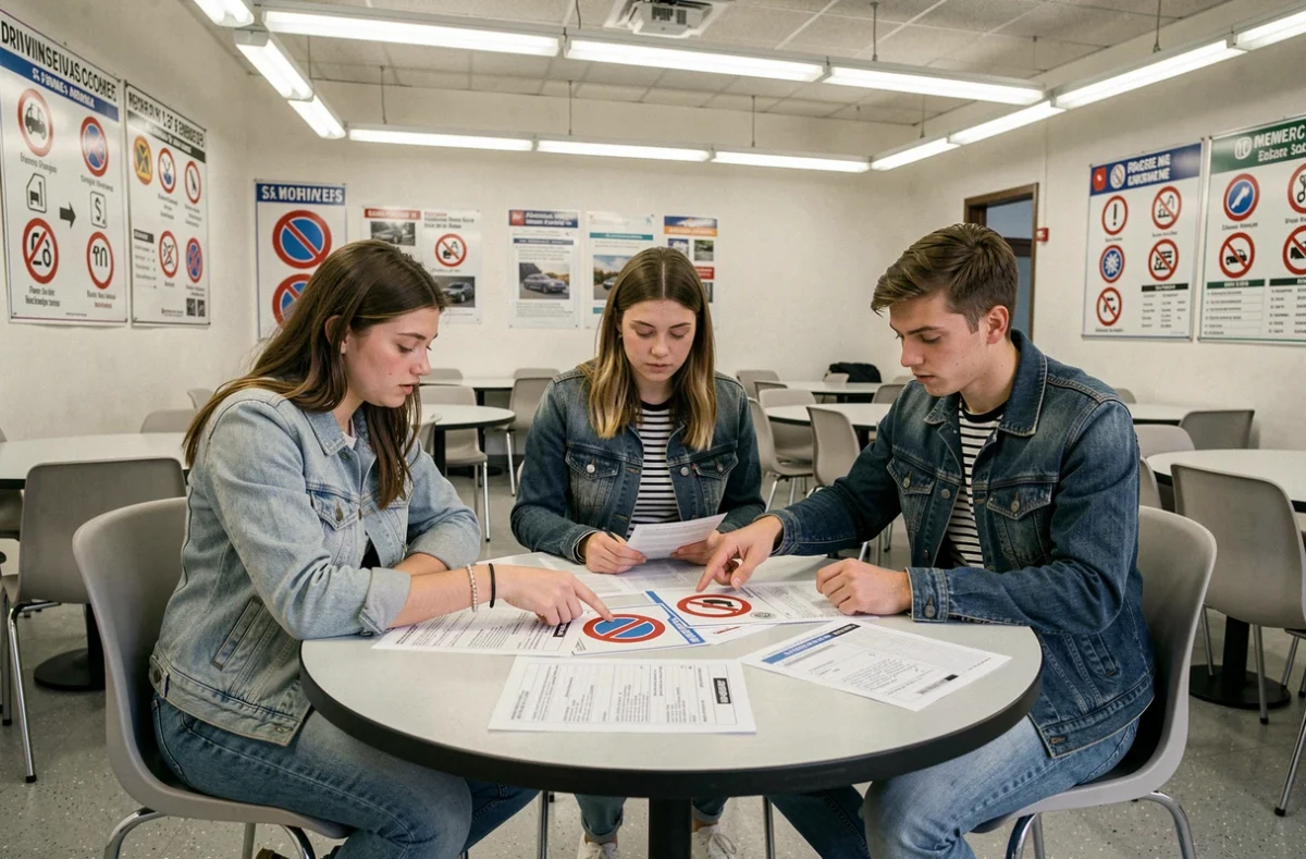 Groupe de jeunes élèves en salle de code d'auto-école étudiant des panneaux de signalisation