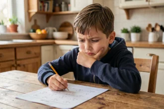 Enfant bloqué sur la table de multiplication de 8 avec une feuille d'exercices de maths sur une table en bois