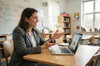 Enseignante enregistrant une vidéo pédagogique pour une classe inversée dans une salle de cours moderne