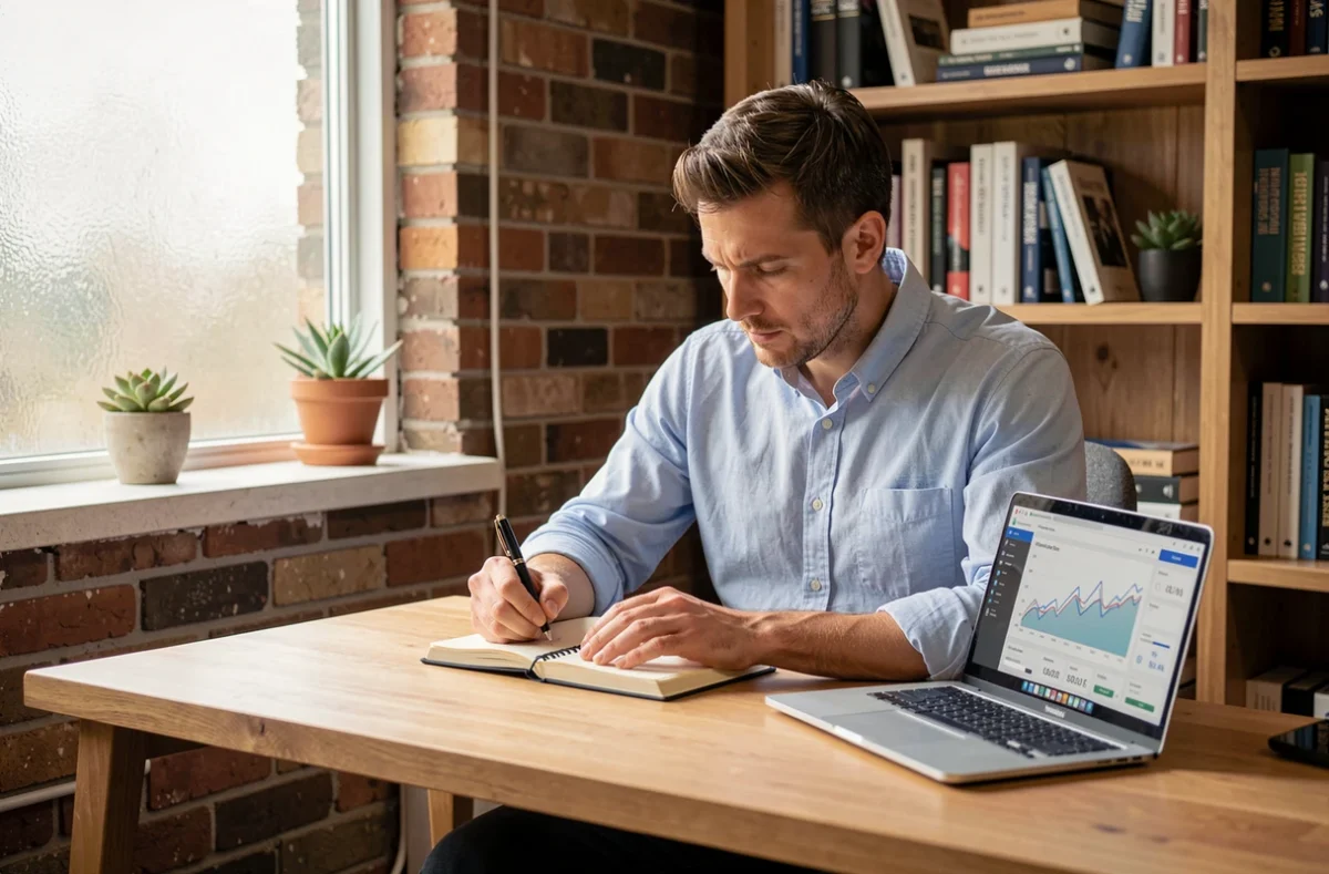 Entrepreneur travaillant seul sur les objectifs de son entreprise dans un bureau indépendant avec cahier et ordinateur portable