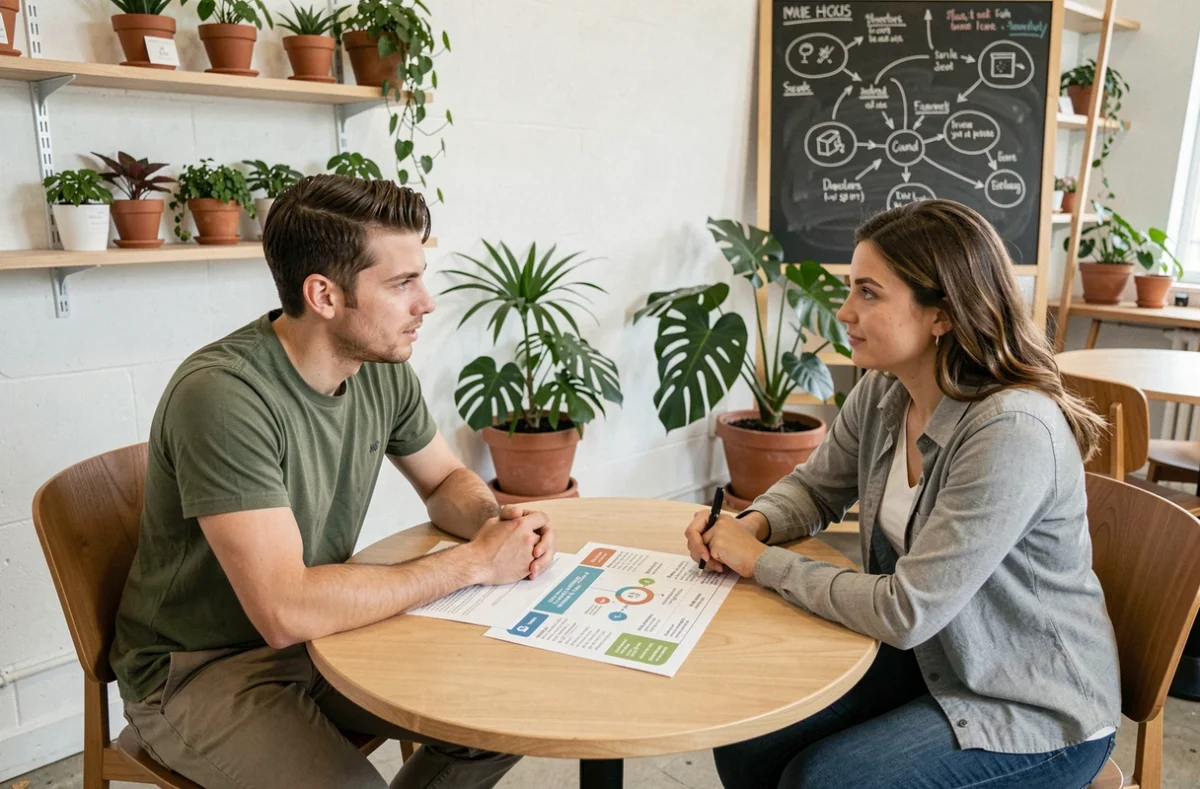 Deux jeunes entrepreneurs pitchant leur projet à un investisseur dans un incubateur de startups
