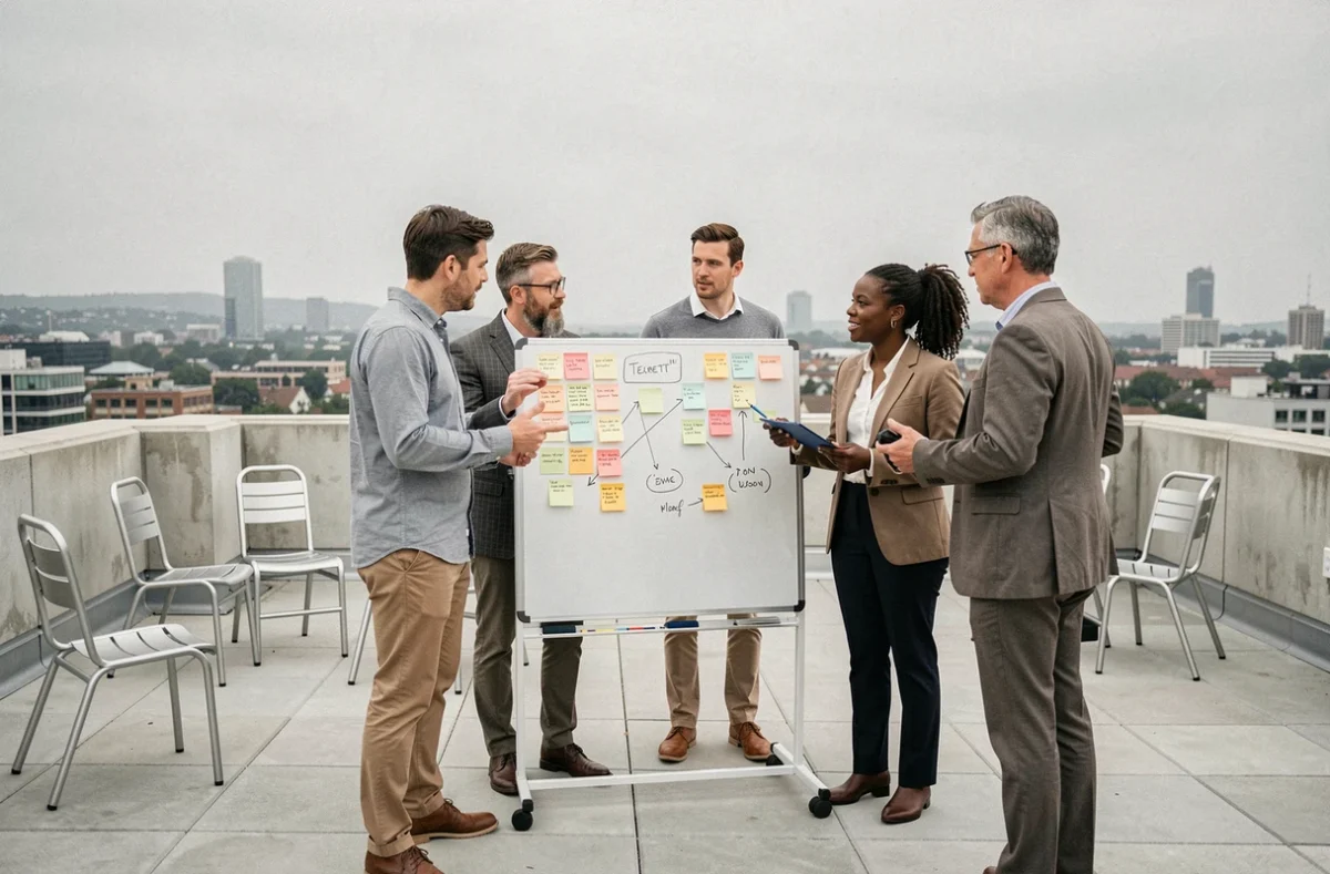 Une équipe multiculturelle collabore autour d'un tableau blanc en terrasse, représentant le développement des compétences de leadership collectif