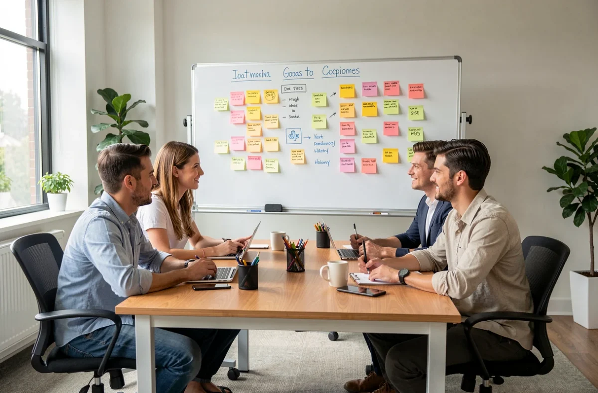 Équipe réunie autour d'un tableau d'objectifs commerciaux