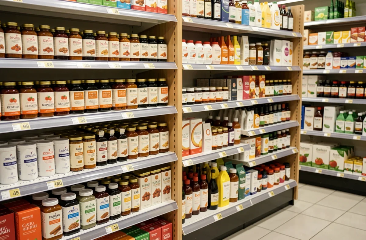 Étals de produits avec étiquettes de prix dans un magasin