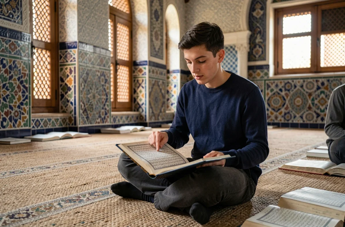 Étudiant lisant le Coran et étudiant les voyelles arabes Fatha et Kasra dans une salle de mosquée