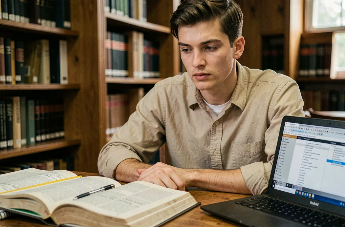 Étudiant en droit consultant des manuels juridiques dans une bibliothèque universitaire