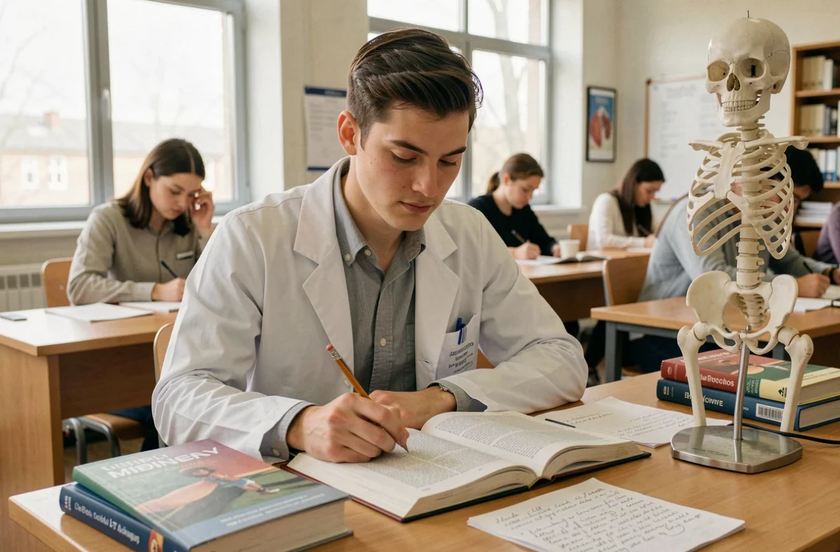 Étudiant en formation paramédicale révisant l'anatomie dans une salle de cours universitaire