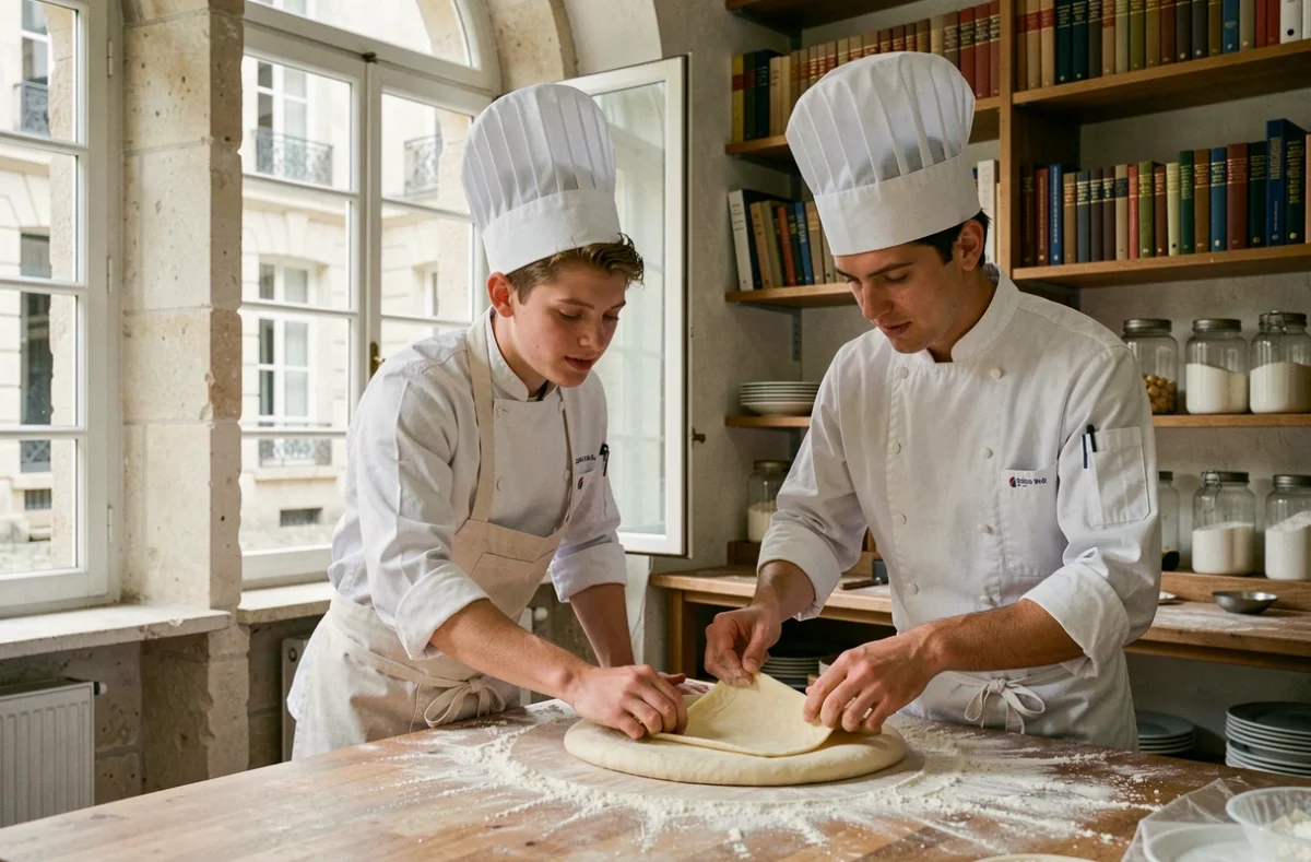 Étudiant en pâtisserie observant une démonstration de feuilletage dans une école culinaire française traditionnelle