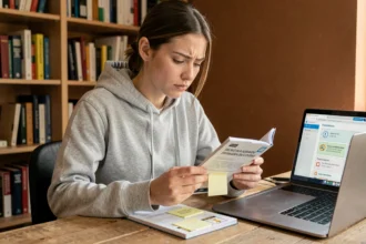 Jeune femme étudiant le code de la route avec un livret et des notes autocollantes sur un bureau en bois