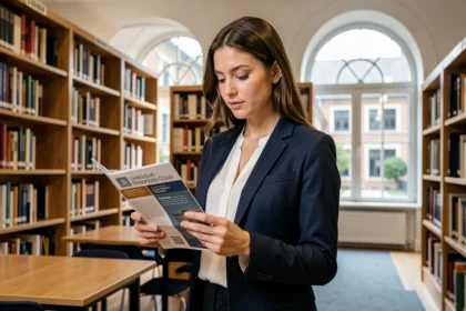 Étudiante en master consultant un brochure universitaire dans une bibliothèque académique européenne