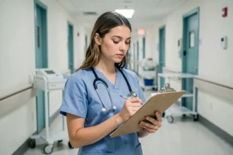 Étudiante en cursus paramédical portant des blouses bleues dans un couloir d'hôpital