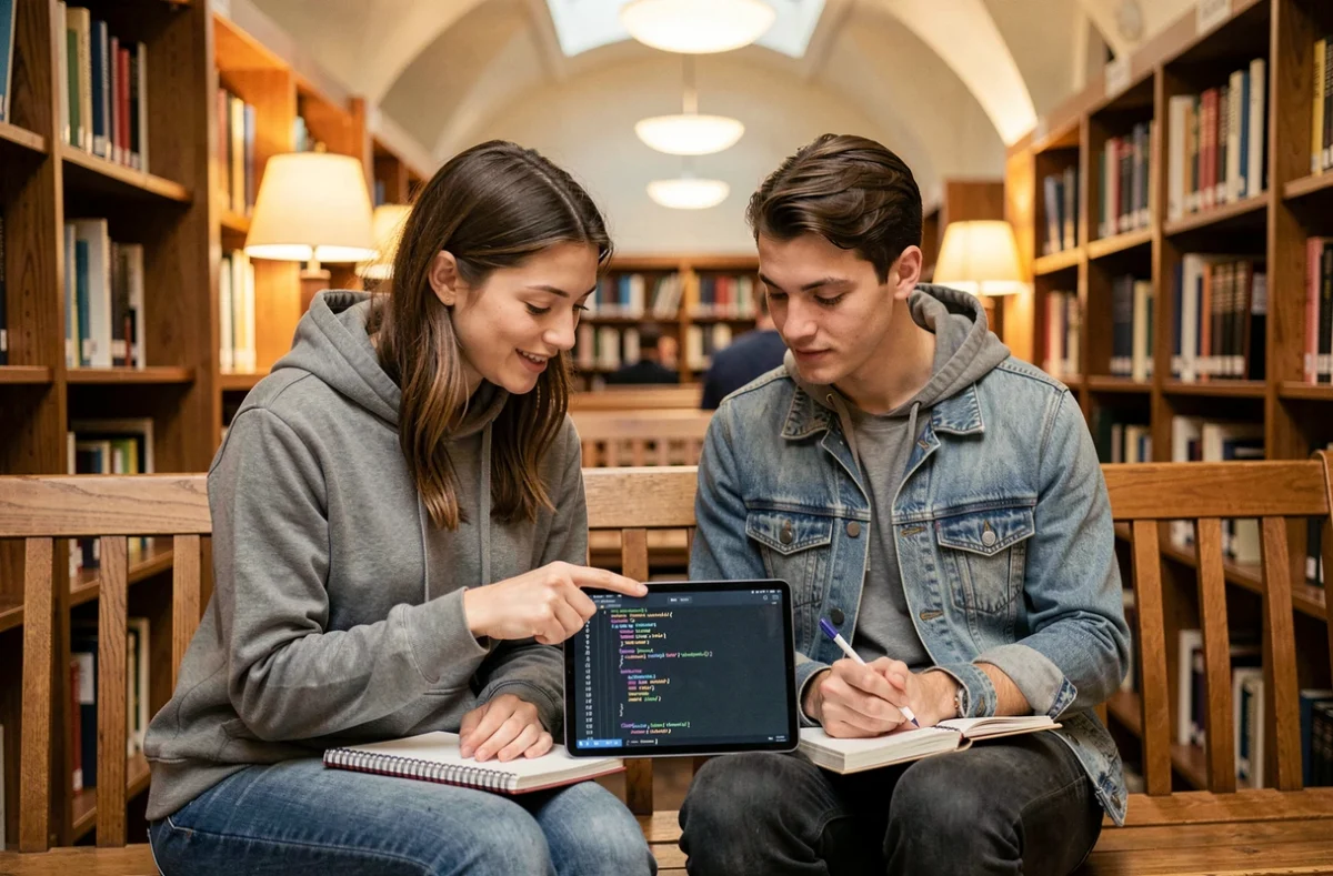 Deux jeunes adultes étudiant un tutoriel de programmation Python sur tablette dans une bibliothèque universitaire pour débuter en intelligence artificielle