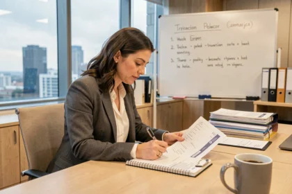 Professionnelle évaluant une formation en salle de conférence avec des fiches d'évaluation et un carnet de notes