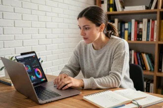 Femme assise à un bureau en bois travaillant sur un ordinateur portable affichant des interfaces d'intelligence artificielle pour débuter dans l'IA