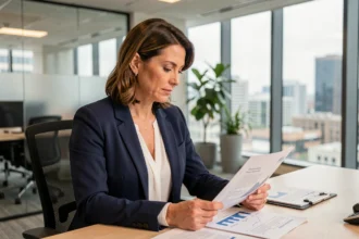 Femme cadre en blazer marine analysant des documents financiers dans un bureau moderne pour un salaire de 6000 euros par mois