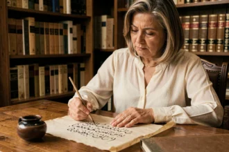 Femme écrivant des lettres arabes avec les signes diacritiques Fatha et Kasra sur un parchemin