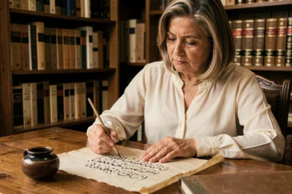 Femme écrivant des lettres arabes avec les signes diacritiques Fatha et Kasra sur un parchemin