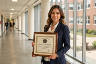 Femme tenant un certificat RNCP encadré dans un couloir universitaire moderne