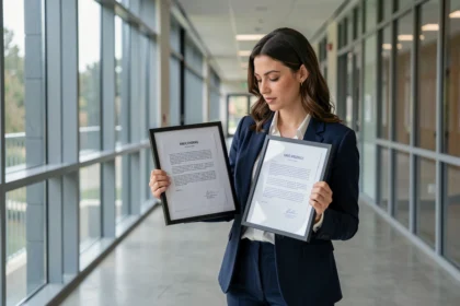 Femme comparant une certification et un diplôme encadrés dans un couloir universitaire moderne