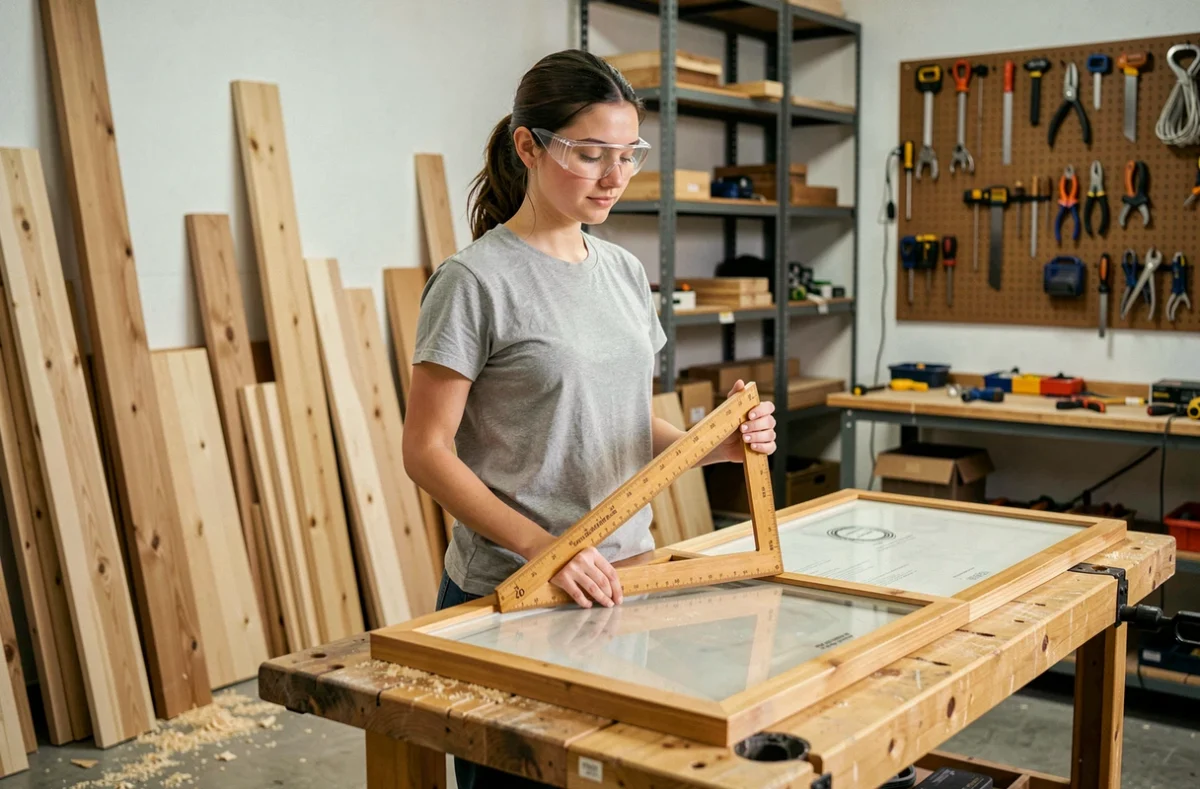 Femme utilisant une équerre dans un atelier de menuiserie pour vérifier un angle droit selon la méthode 345