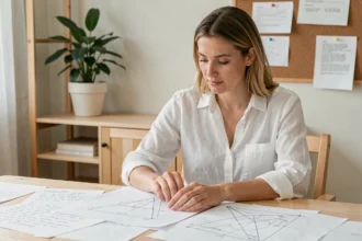 Femme étudiant la méthode 345 avec des notes géométriques sur un bureau en bois