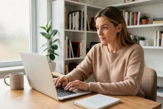 Femme consultant une plateforme de formation en ligne sur son ordinateur portable depuis son bureau à domicile pour utiliser son CPF