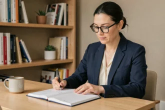 Femme professionnelle organisant son planning dans un bureau moderne, illustrant la gestion du temps et la confiance en soi
