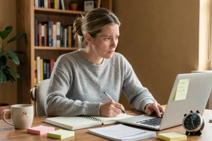 Femme concentrée utilisant un minuteur Pomodoro sur son ordinateur portable pour gérer sa procrastination à son bureau à domicile